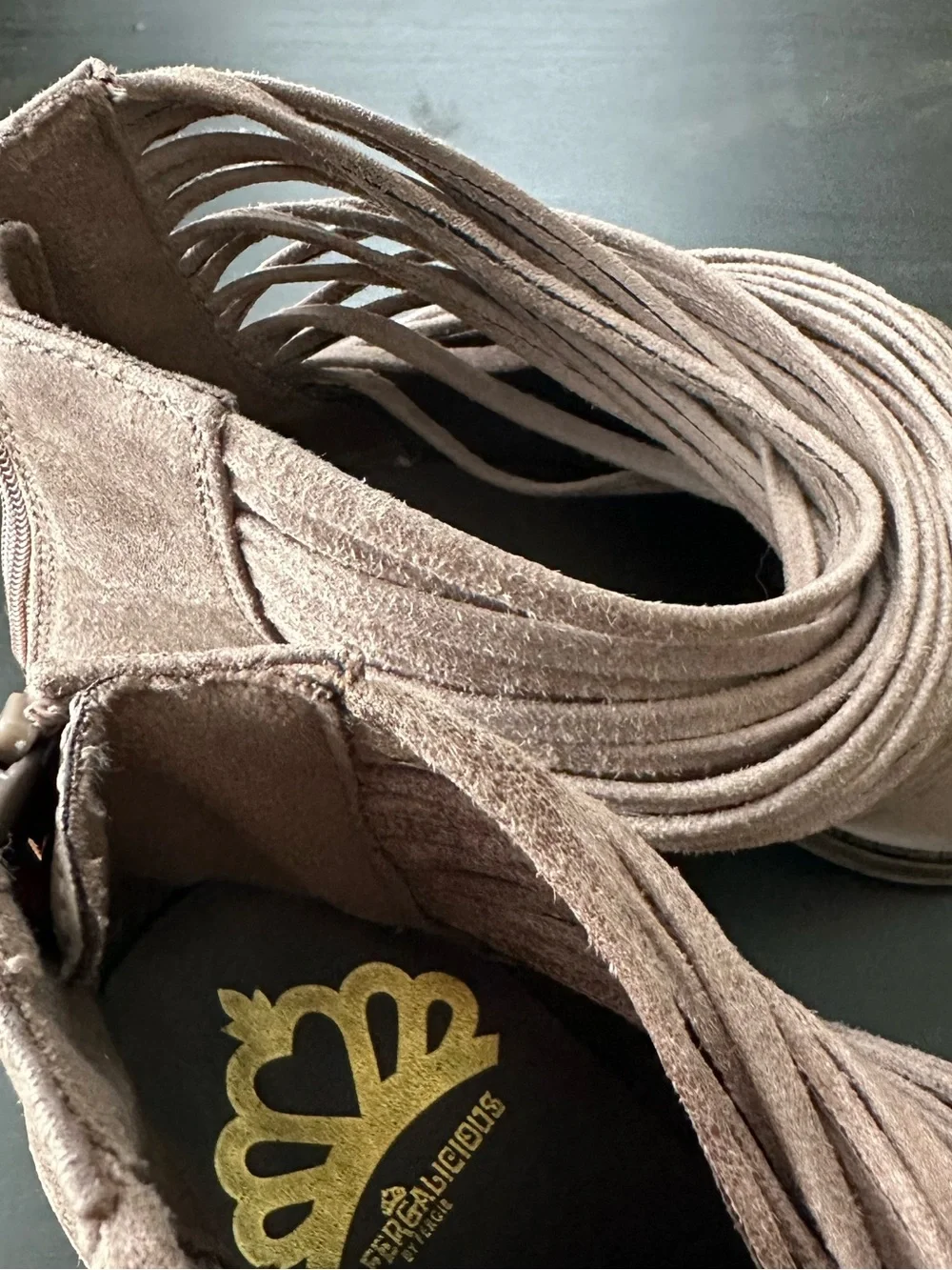 Fergalicious Taupe Suede Fringe Booties size 7.5